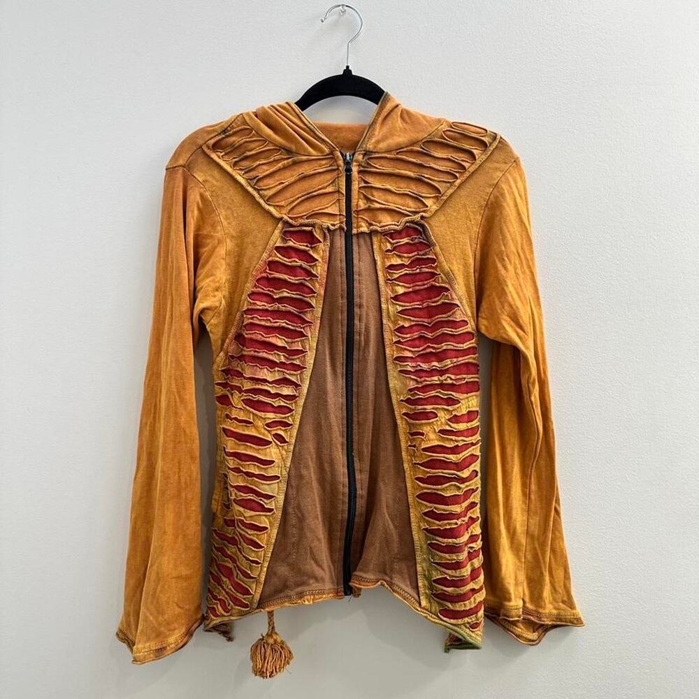 VTG The Collection Royal Yellow Red Patchwork Pixie Hood Zip Up Rave Boho S/M